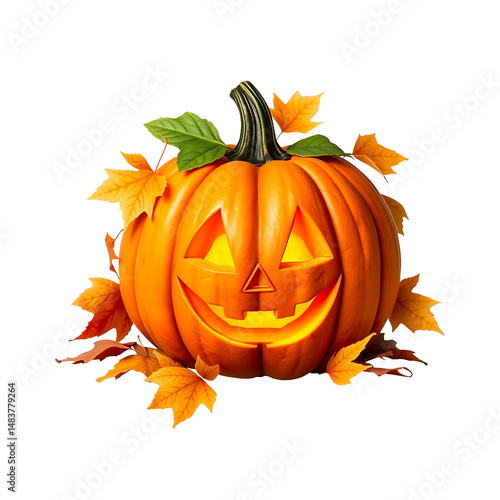 Pumpkin with carved happy face and autumn leaves, realistic PNG. 