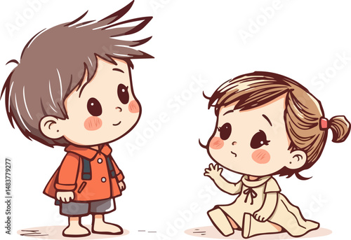 Boy and girl cute cartoon vector illustration.
