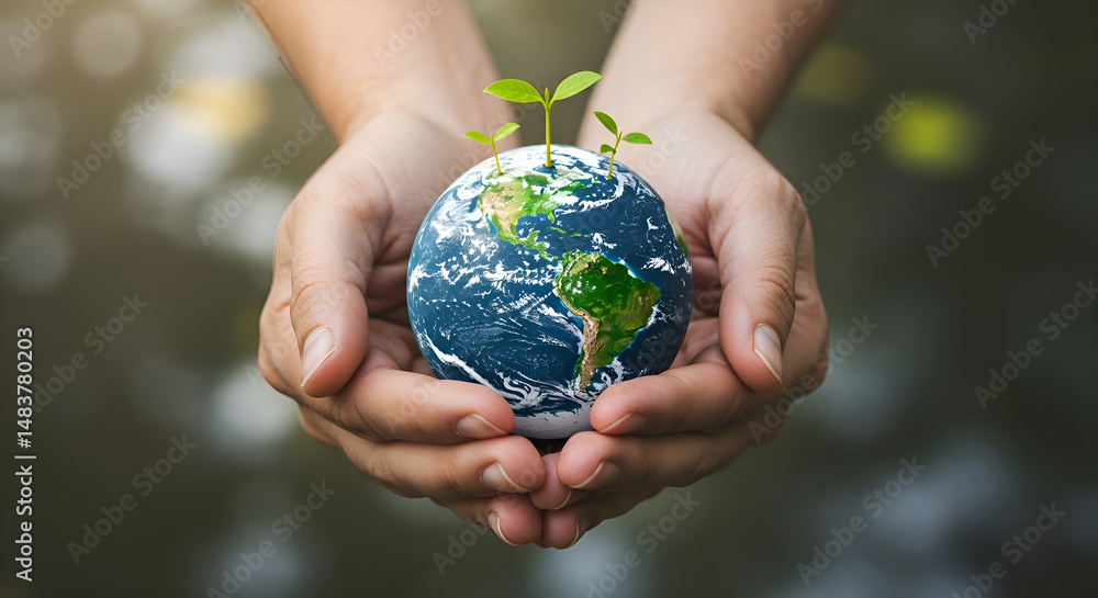 Hands Holding Earth Globe with Growing Saplings: Symbol of Environmental Conservation, Sustainability, Earth Day, Nurturing Our Planet's Future. Hands Holding Earth Globe with Growing Saplings: Symbol of Environmental Conservation, Sustainability, Earth Day, Nurturing Our Planet's Future.