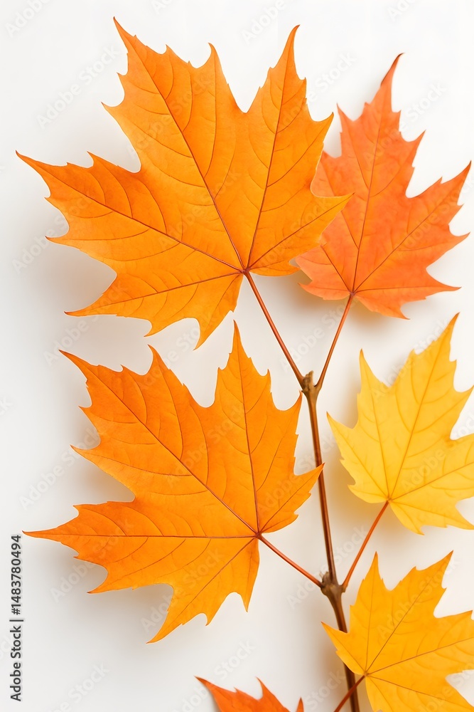 Fototapeta premium Close-Up of Vibrant Orange and Yellow Maple Leaves on White Background in Vertical Format