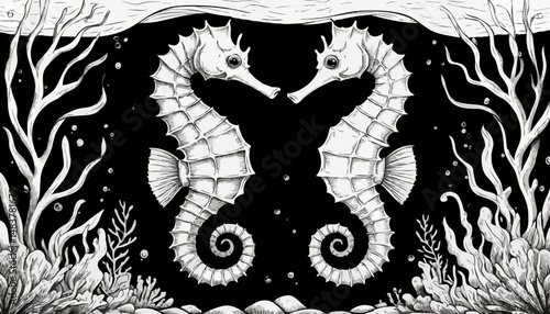 Two seahorses facing each other in a black and white underwater scene  