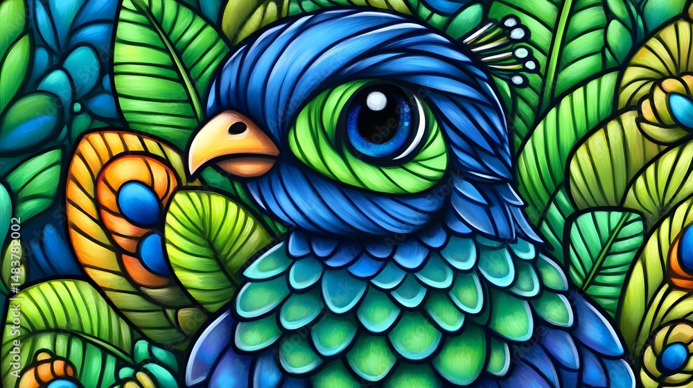 Naklejka premium Vibrant Peacock Portrait Stylized Bird Art Tropical Leaves