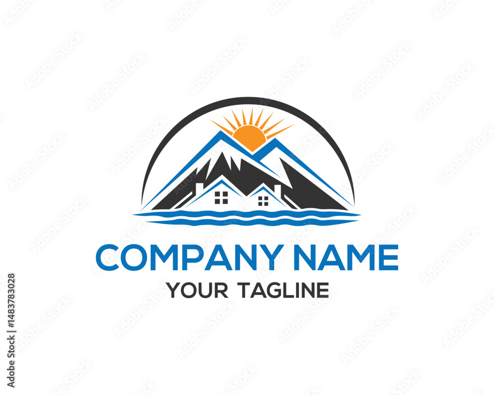 Mountain peak home vector logo design featuring sunrise houses and water property business template Mountain peak home vector logo design featuring sunrise houses and water property business template