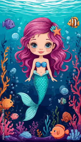 Cute cartoon mermaid swimming among colorful fish and corals  
