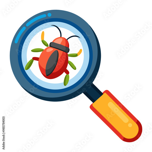 A colorful cartoon illustration of a magnifying glass enlarging a small, red and green bug.