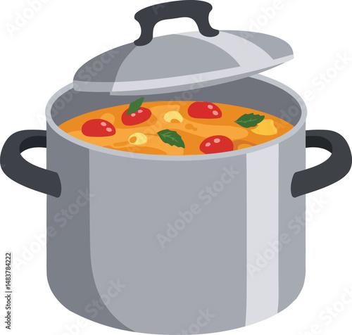 Cooking pot with vegetable soup and partially open lid illustration vector image