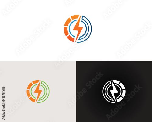 Lightning bolt circle emblem in orange green and white vector template for energy company