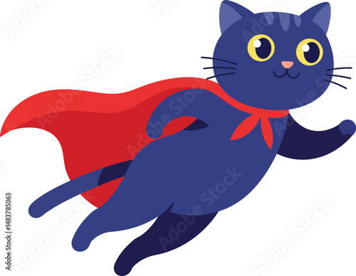 Flying blue cat wearing red superhero cape and mask vector illustration in cartoon style 
