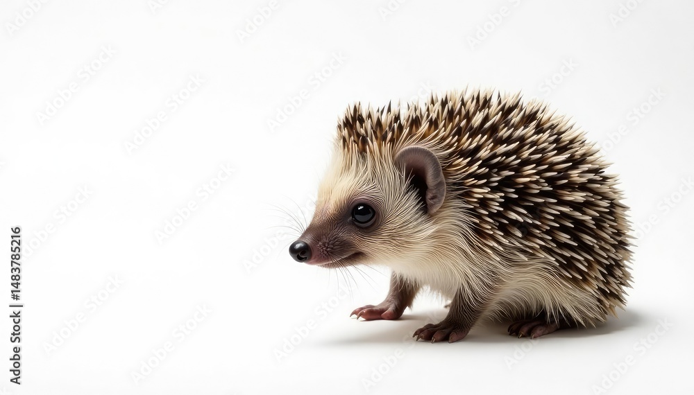 Fototapeta premium A solitary hedgehog, viewed from above, set against a stark white backdrop, focus, mammal