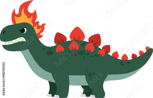 Angry green stegosaurus dinosaur with red flaming spikes vector illustration for kids and education 