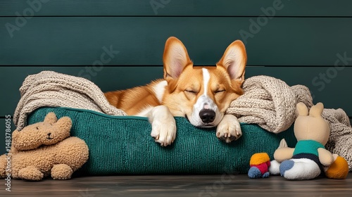 Adorable Corgi Puppy Sleeping Peacefully in Cozy Bed with Toys