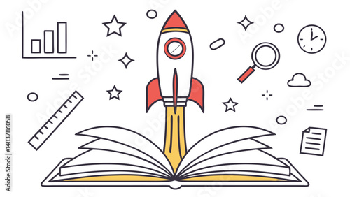 A vibrant illustration depicts a rocket launching from an open book surrounded by icons representing education, research, and business success symbolizing knowledge, innovation, and growth potential.