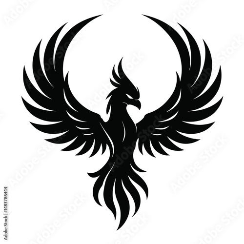 Black Graphic Stylized Phoenix. Graphic Element Vector Icon Representing Rebirth, Strength, or Power.