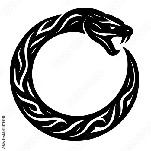 Black Graphic Ouroboros Tribal Snake. Graphic Element Vector Icon Representing Eternity, Cycles, or Self-sufficiency.