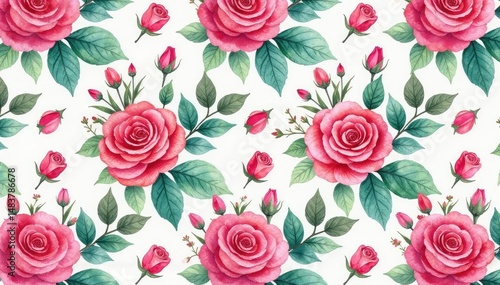 Delicate watercolor roses & leaves, repeating pattern, stem, wallpaper