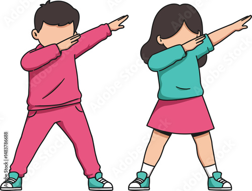 Children performing dab dance gesture in colorful casual clothes vector illustration of playful young boy and girl in active pose 