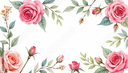 Delicate watercolor roses & leaves, repeat pattern, plant, vine, illustration