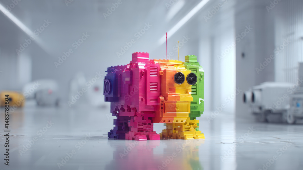 Obraz premium A vibrant, colorful robot model showcasing innovation and creativity in design.