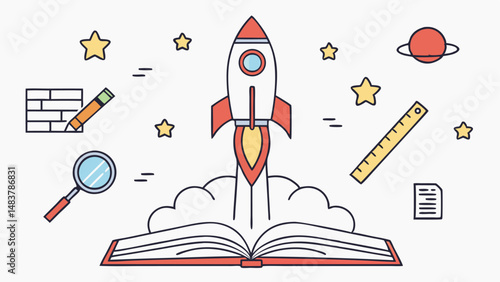 A vibrant illustration depicts a rocket launching from an open book surrounded by stars, a planet, ruler, magnifying glass, pencil and brick wall symbolizing education, knowledge, and innovative learn