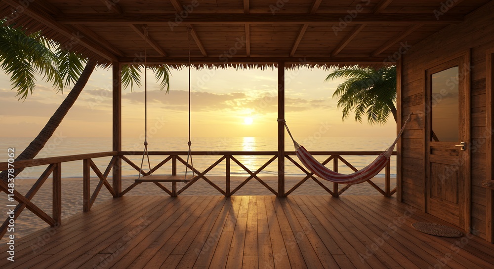 Fototapeta premium Wooden beachfront deck at sunset
