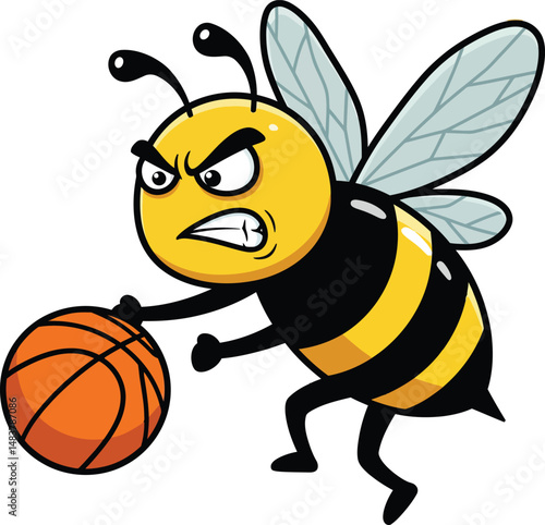Angry bee playing basketball vector illustration with expressive face and wings in action pose 