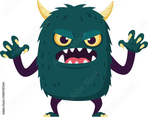 Cute green monster with horns and sharp teeth cartoon character vector illustration for kids and Halloween designs 