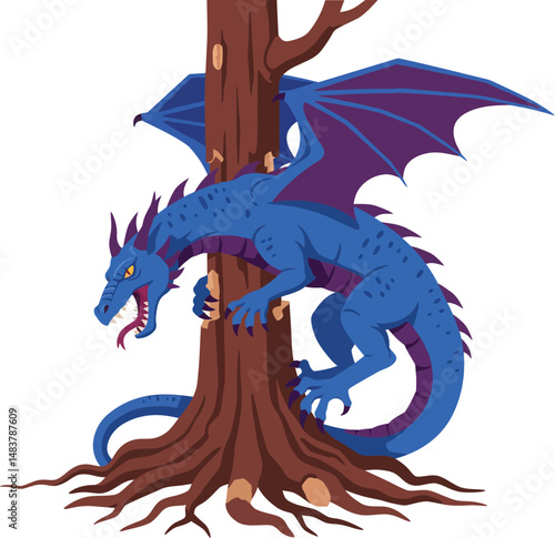 Blue dragon wrapped around tree with wings spread and claws gripping bark vector illustration 