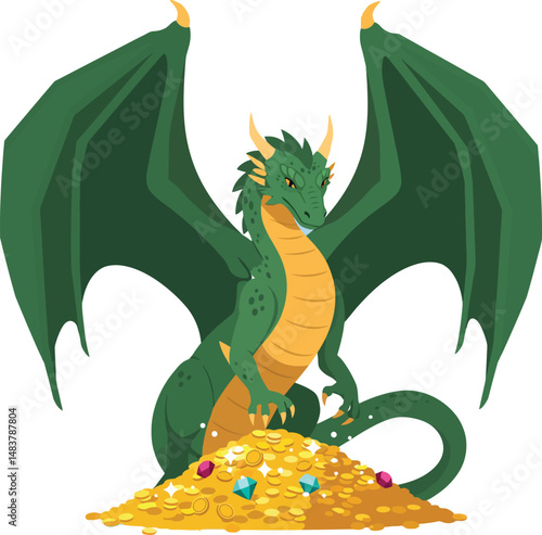 Green dragon guarding treasure hoard with gold coins and colorful gems fantasy illustration vector 