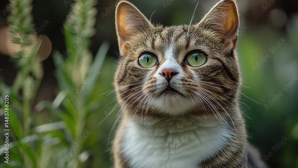 Close-up of a tabby cat with green eyes in an outdoor setting Close-up of a tabby cat with green eyes in an outdoor setting