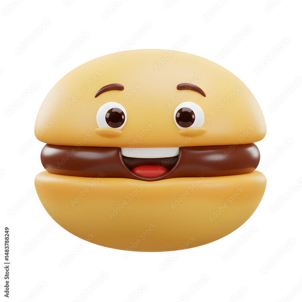 Fototapeta premium A smiling hamburger cartoon character with eyes, eyebrows, mouth, teeth, and tongue can be used for children's books.