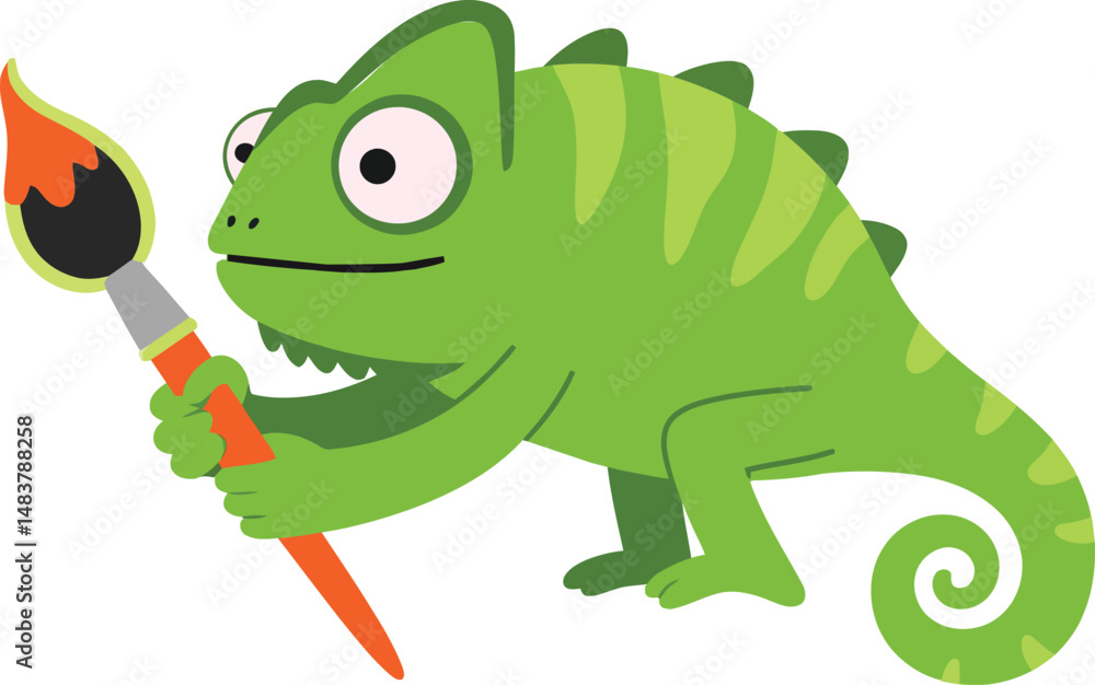 Obraz premium Green chameleon holding paintbrush with flame tip colorful vector illustration creative animal painting concept