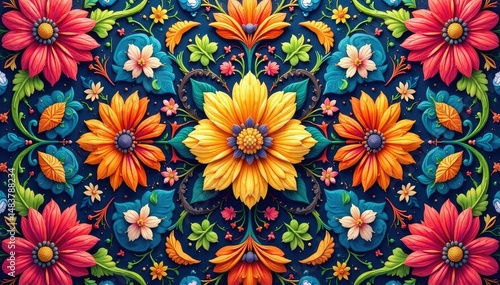 Wallpaper Mural Intricate floral design, repeating motif, vibrant colors, vector, blossom, art Torontodigital.ca