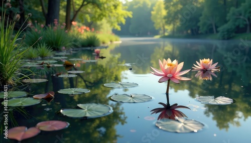 Intricate floral pattern reflected on calm lake surface, illustration, lake, serene