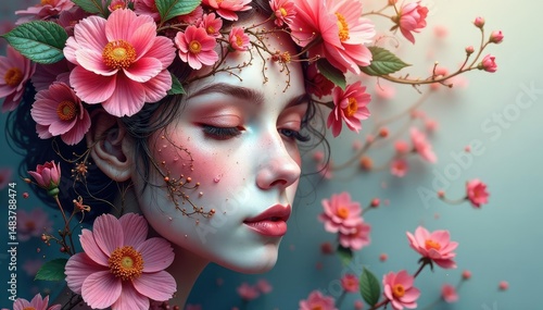 Intricate floral pattern resembling a face, delicate petals & leaves, soft, bloom, grey background