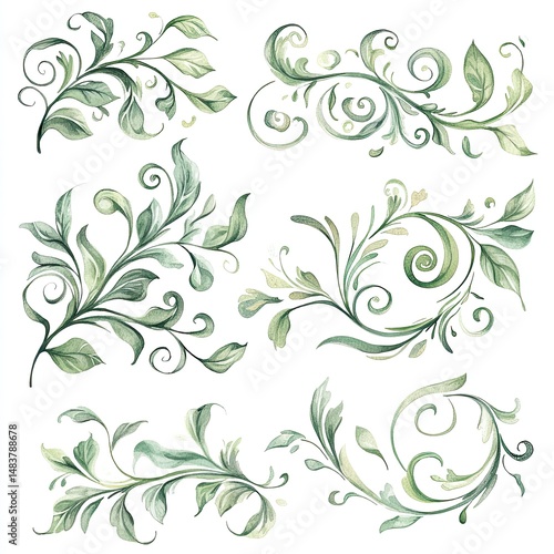Delicate botanical design elements. Six illustrations of stylized leaves, branches, and scrolls in muted greens and cream.  Intricate patterns and textures create a natural, flowing aesthetic