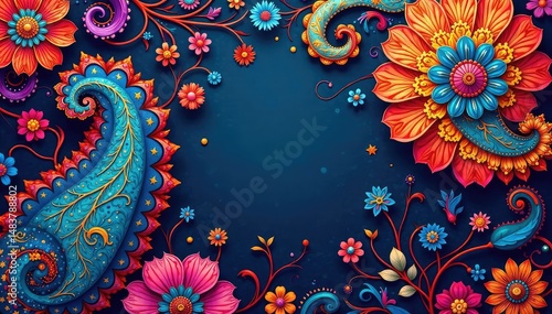 Intricate paisley floral pattern in vibrant hues, beauty, texture