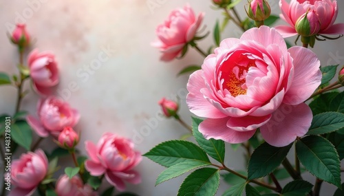 Intricate rose & peony blooms, lush green leaves , beautiful, roses