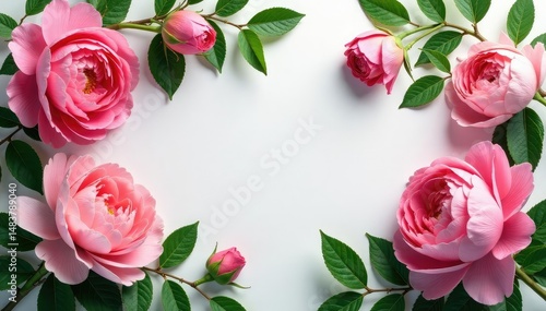 Intricate rose & peony blooms, lush green leaves , garden, floral pattern, botanical