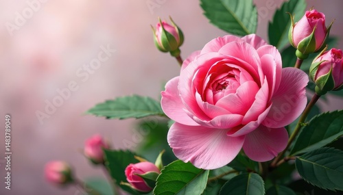 Intricate rose & peony blooms, lush green leaves , garden, flower pattern, elegant