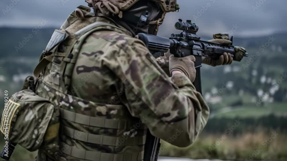 A military soldier in camouflage uniform standing watch with a tactical rifle set against a blurred landscape. A military soldier in camouflage uniform standing watch with a tactical rifle set against a blurred landscape.
