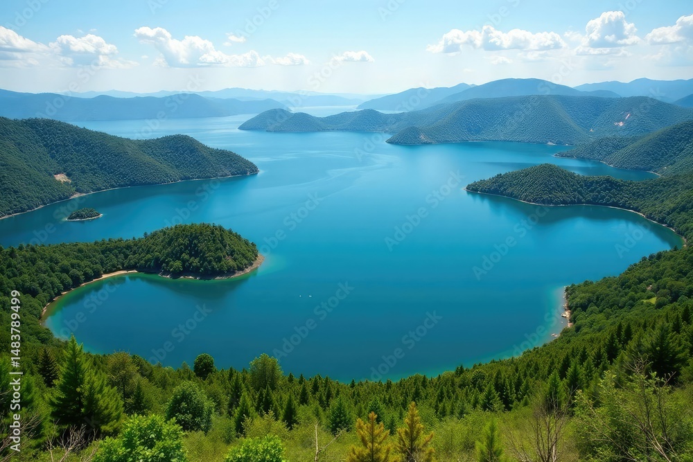 Naklejka premium Irregular shaped lake with winding shoreline and islands, nature, habitat, lake