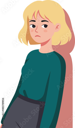 Sad young woman with blonde hair wearing green sweater leaning against wall vector illustration 
