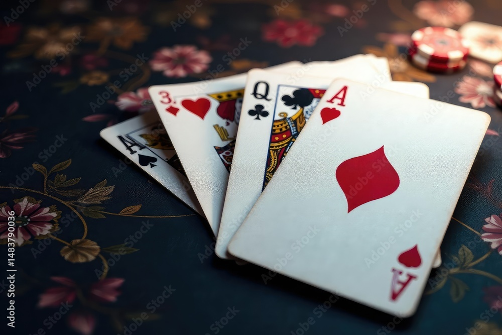 Obraz premium Playing cards arranged in a royal flush pattern , playing cards, flush