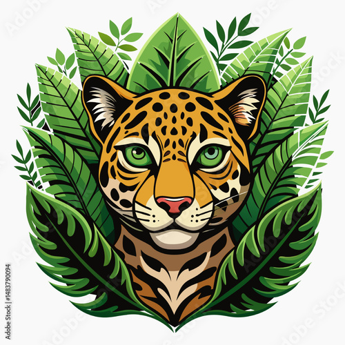 A vibrant illustration of a jaguar's face with bright green eyes, surrounded by lush green tropical leaves.