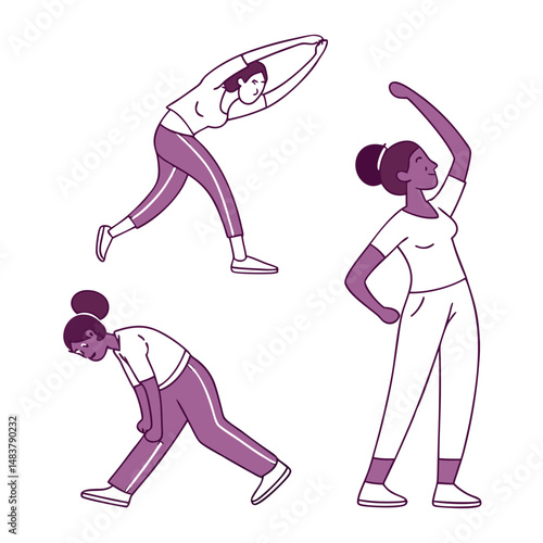 Woman demonstrating various stretching exercises for health wellness and physical fitness in illustration style