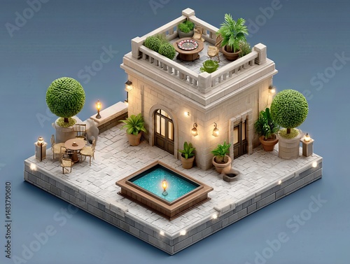 Tranquil Mediterranean Courtyard with Fountain and Stone Details - Elegant Outdoor Relaxation Scene