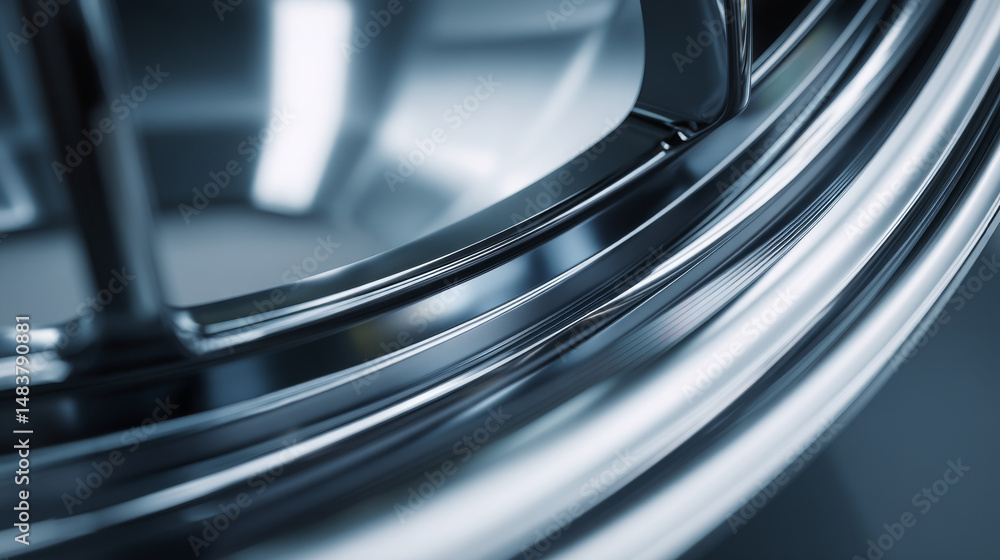 Close-up of a shiny, metallic car wheel rim reflecting light and textures. Close-up of a shiny, metallic car wheel rim reflecting light and textures.