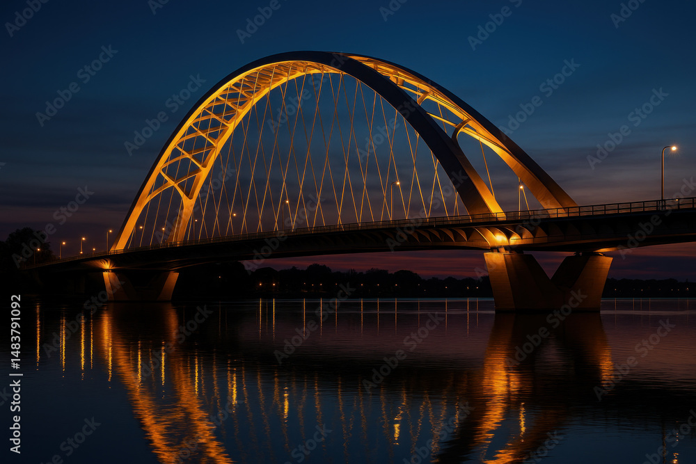 Naklejka premium Bridge over water at night with illuminated lights, reflecting in water below, creating a serene and picturesque scene.