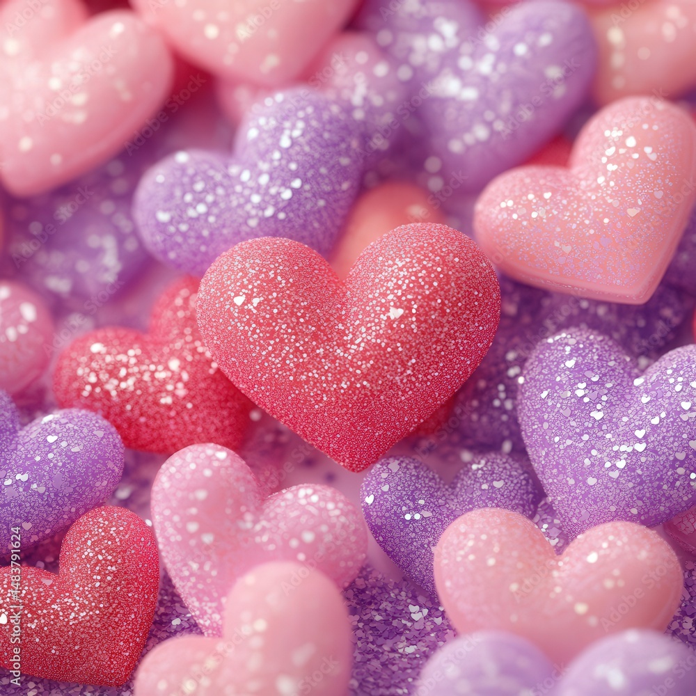 Obraz premium Pile of glittery hearts in pink and purple tones