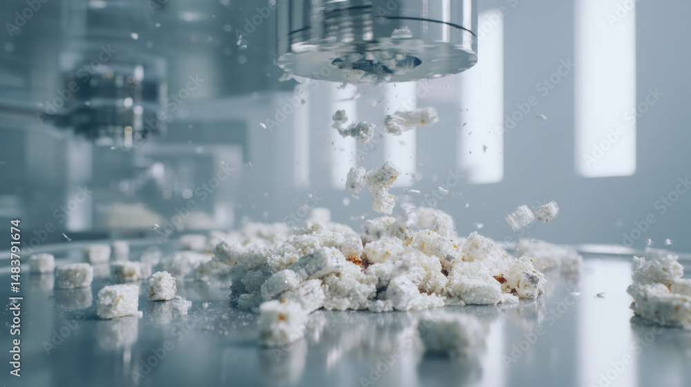 Close-up of industrial machinery processing small granules in a clean environment. Close-up of industrial machinery processing small granules in a clean environment.